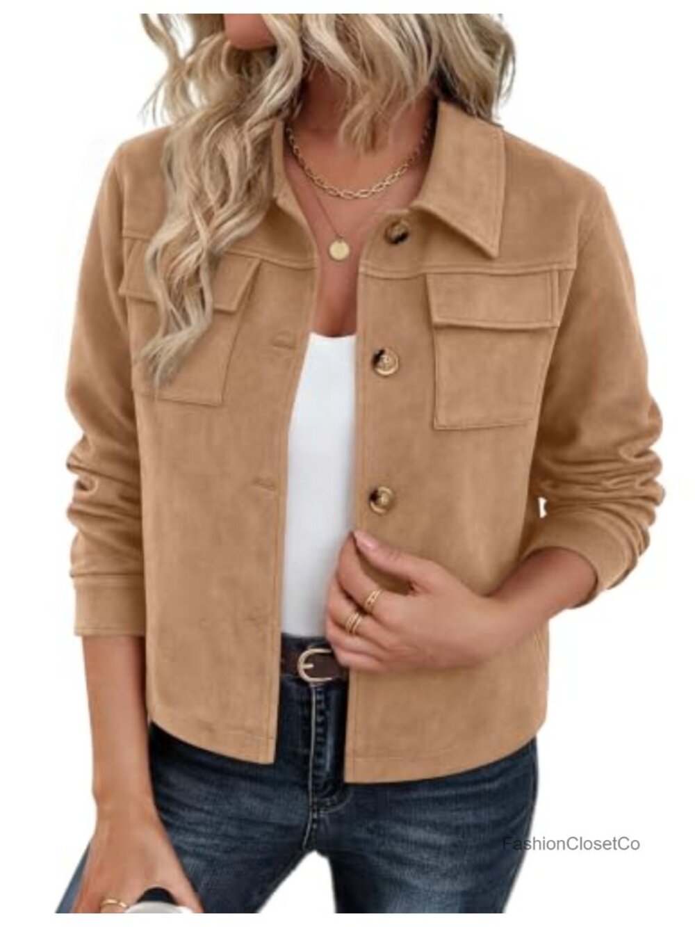 Faux Suede Cropped Button Up Shacket Jacket Long Sleeve Loose Fit Casual